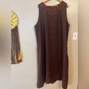 Eskandar Brown  Embroidered Beaded Midi Dress A Line Lagenlook Size 2 14/16
